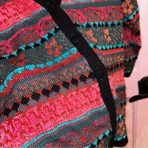 Carole Little Hot Pink, Black, and Teal Patterned Cardigan - Size Small
